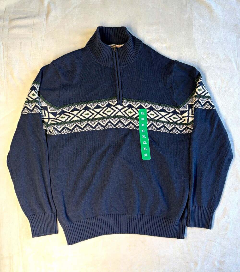Weatherproof Men's Fair Isle 1/4 Zip Mock Neck Cotton Knit Sweater XL Blue